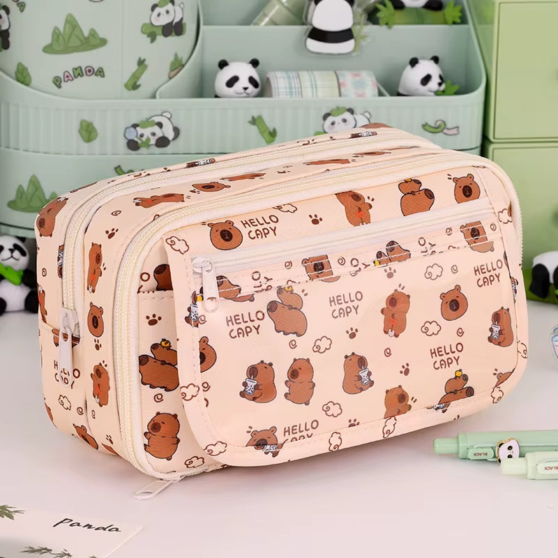 9-Layer Large Capacity Pen Bag Capybara/Panda Canvas Pencil Case Creative Simple Stationery Storage Pouch Lovely Student Gift