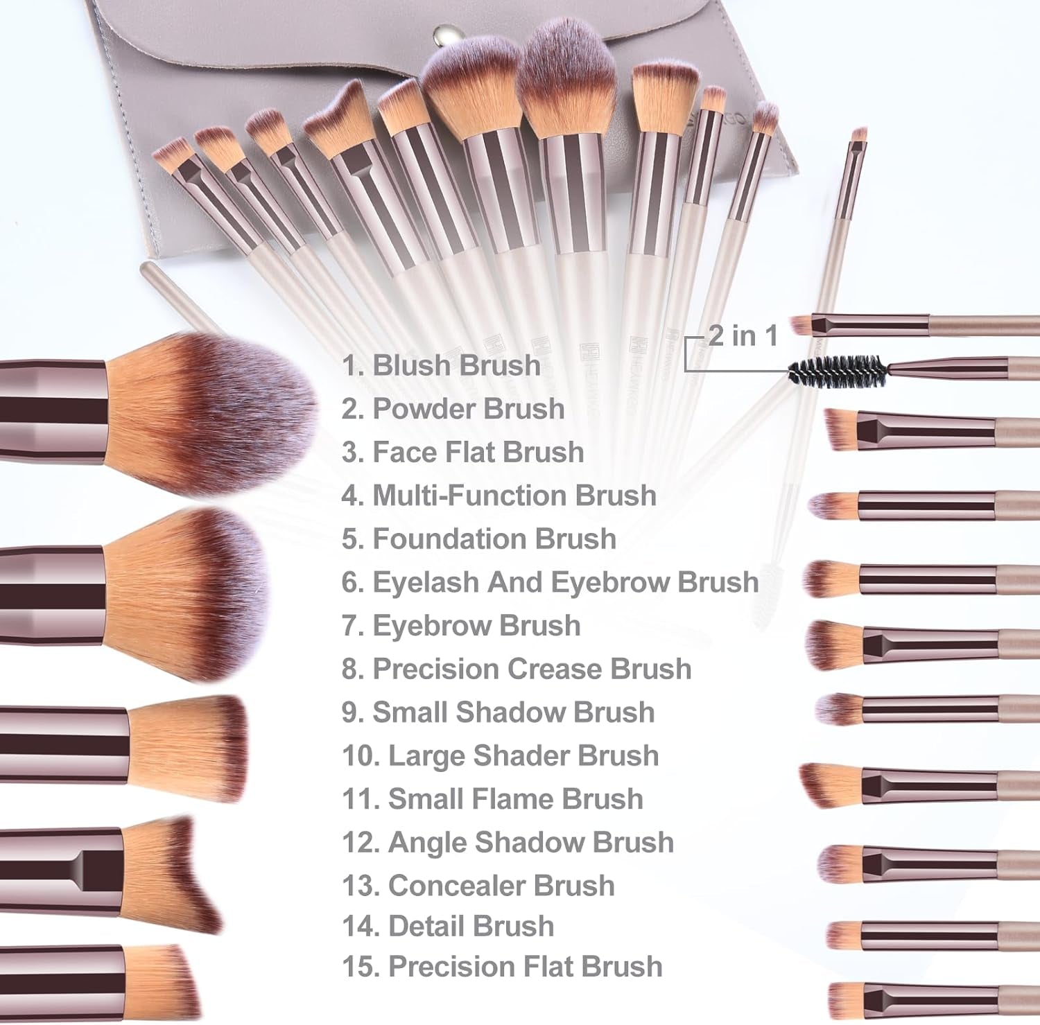 Pinceaux Maquillages, Lot De 15 Set Pinceaux Maquillage Professionnel Avec Trousse En Cuir PU, Kit Pinceau Maquillage Champagne Doré Trousse Makeup Brushes Pour Fond De Teint Mélange De Poudre