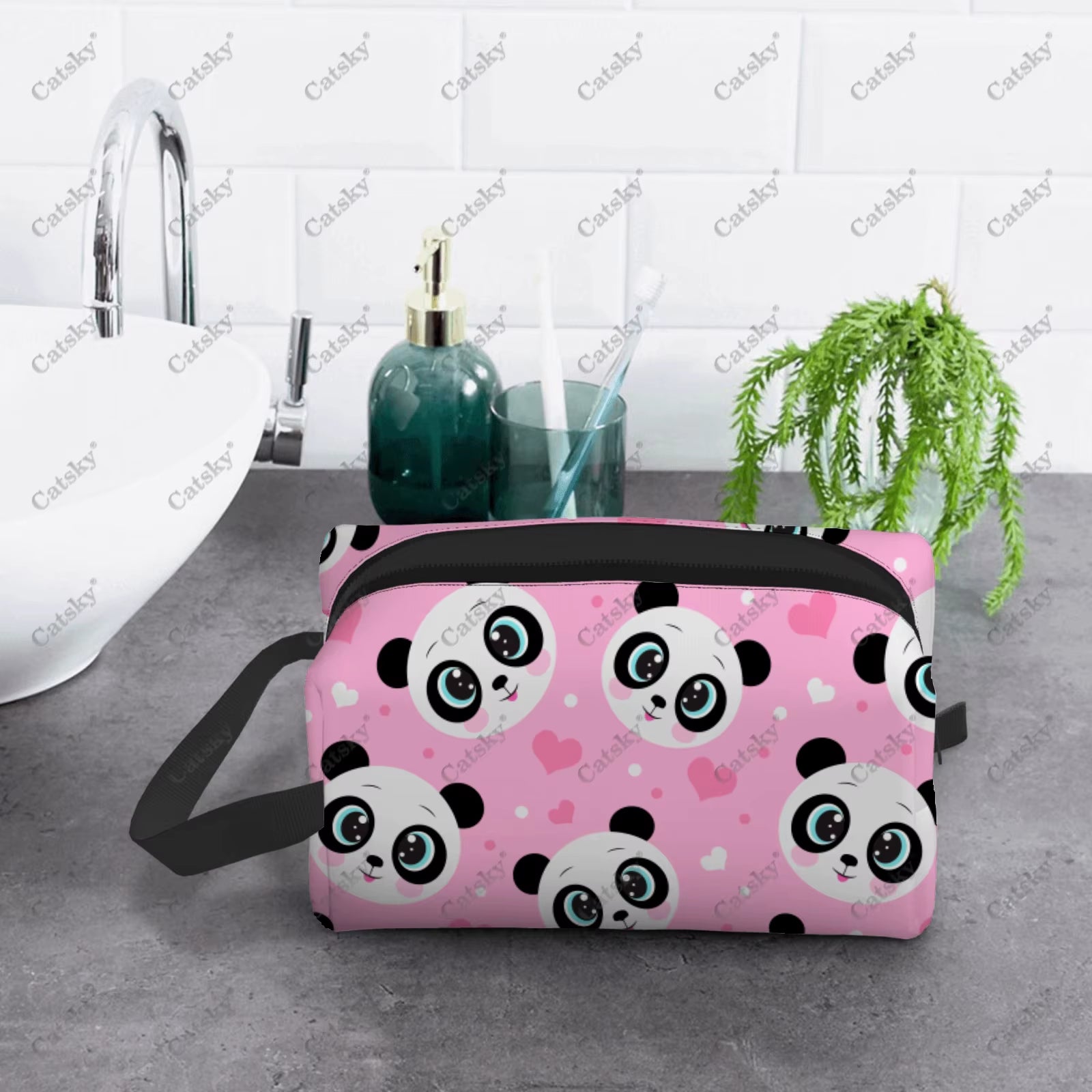 Panda Pattern Design Cosmetic Bag Women'S Fashion Large Capacity Skin Care Box Printed Storage Toiletries Cosmetic Bag