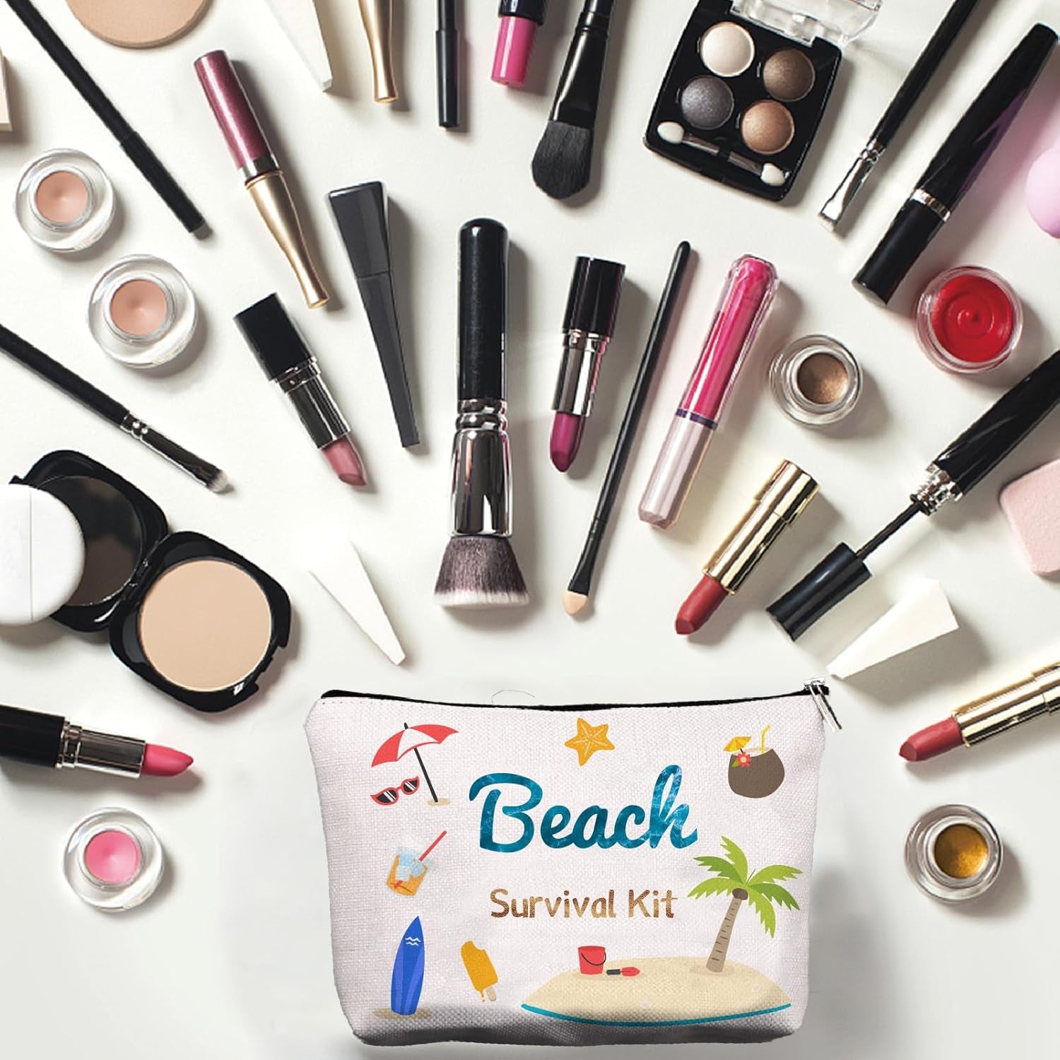 Kit Survie Plage,Trousse Maquillage Toile,Trousse Cosmétiques,Trousse Stylos Multi-Usages Avec Fermeture Éclair Métal,Trousse Toilette Voyage,Pochettes Portables Pour Fans,Femmes,25X18Cm