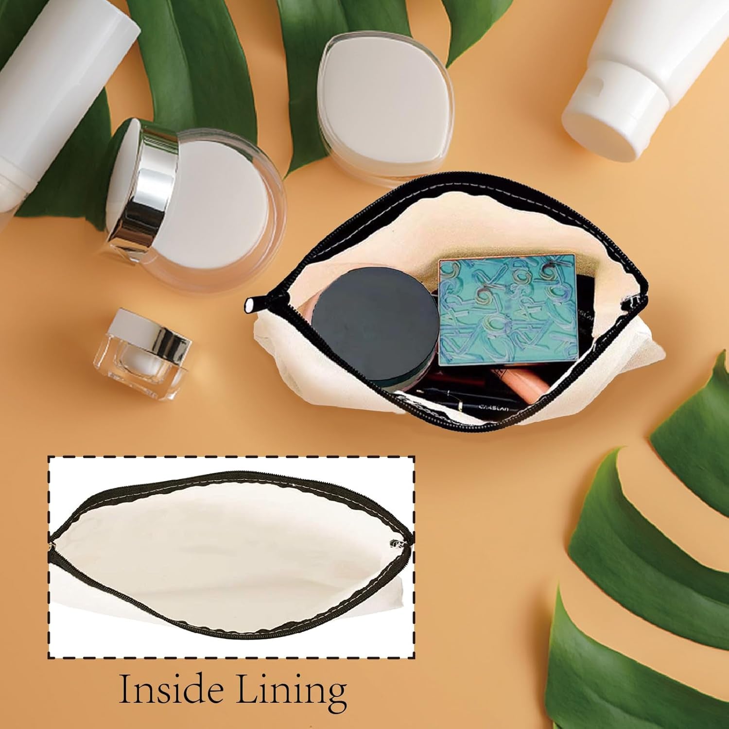Kit Survie Plage,Trousse Maquillage Toile,Trousse Cosmétiques,Trousse Stylos Multi-Usages Avec Fermeture Éclair Métal,Trousse Toilette Voyage,Pochettes Portables Pour Fans,Femmes,25X18Cm