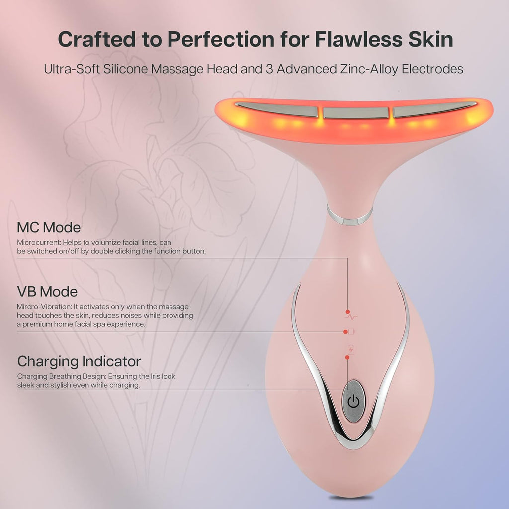 Iris Massager Cou Et Visage, Outil De Sculptage Facial Avec Base De Charge, Massage Micro-Courant Pour Lift, Leds Triple-Action & Thermique Pour Absorption Améliorée (Rose)