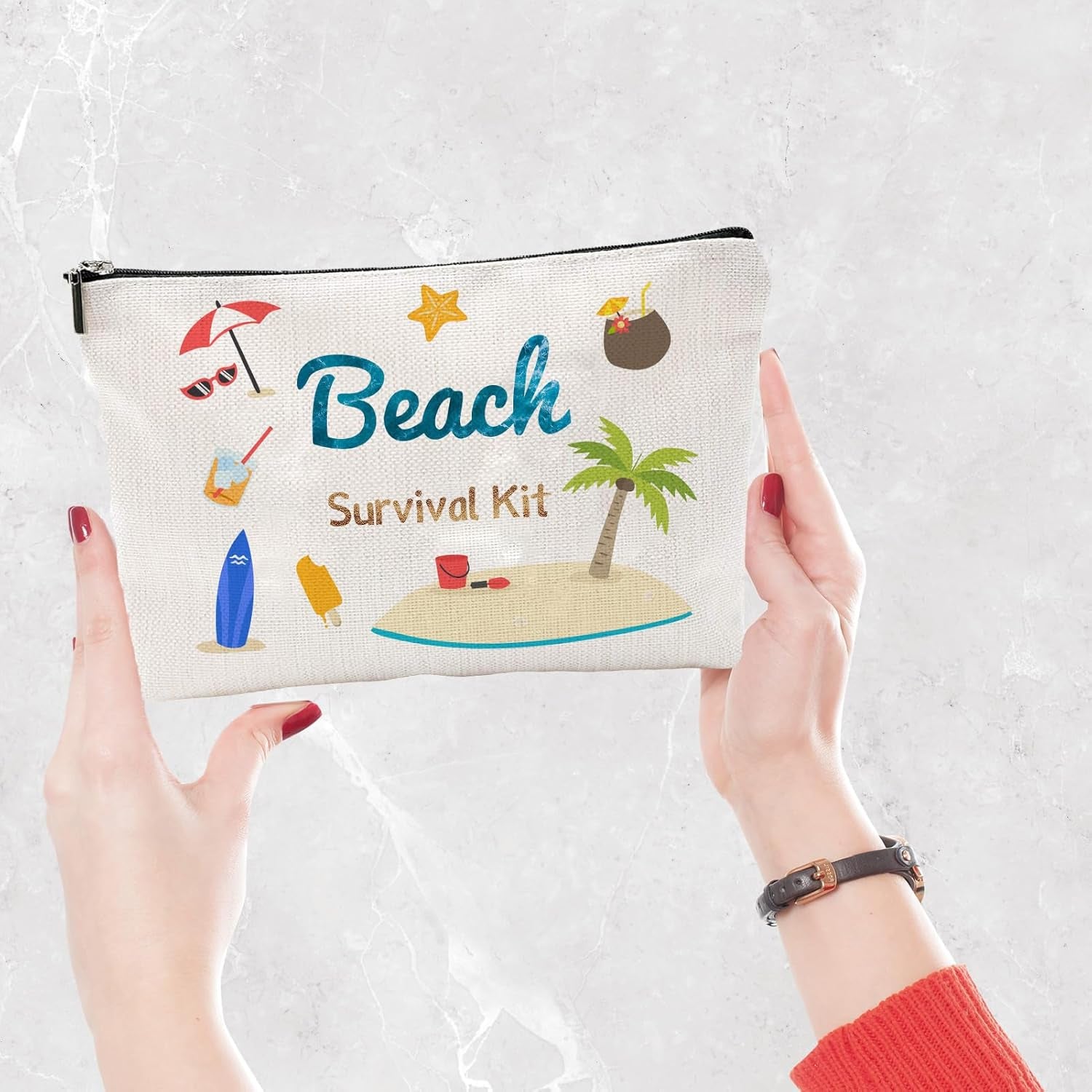 Kit Survie Plage,Trousse Maquillage Toile,Trousse Cosmétiques,Trousse Stylos Multi-Usages Avec Fermeture Éclair Métal,Trousse Toilette Voyage,Pochettes Portables Pour Fans,Femmes,25X18Cm
